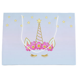 Royal Unicorn, Flowers & Stars on Light Blue Large Gift Bag
