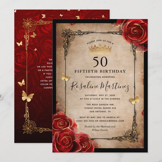 Royal Vintage Red Rose Gold Elegant Birthday Invitation (Front/Back)