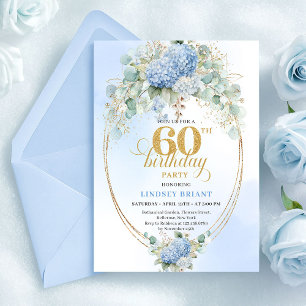 Royal Watercolor Light Blue Hydrangeas 60 Birthday Invitation