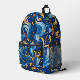 Royal Waves of Whimsy Blue & Gold Swirls Printed Backpack