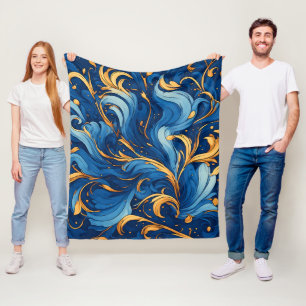 Royal Waves of Whimsy Swirls of Blue & Gold Fleece Blanket
