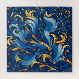 Royal Waves of Whimsy Swirls of Blue & Gold Jigsaw Puzzle