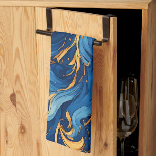 Royal Waves of Whimsy Swirls of Blue & Gold Tea Towel