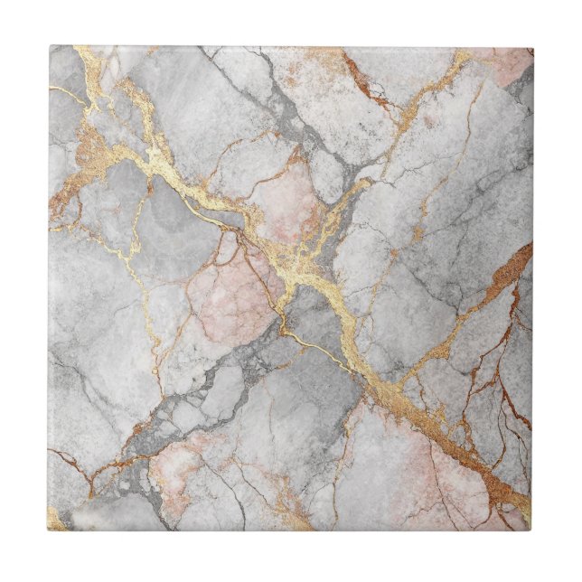 Royal White Marble Stone & Gold Vein Pattern Art Tile (Front)