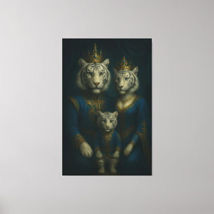 Royal White Tiger Family Portrait – Majestic Blue- Canvas Print