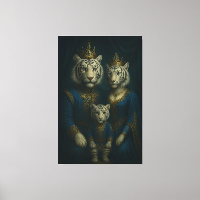 Royal White Tiger Family Portrait – Majestic Blue- Canvas Print (Front)