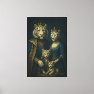 Royal White Tiger Family Portrait – Majestic Blue- Canvas Print
