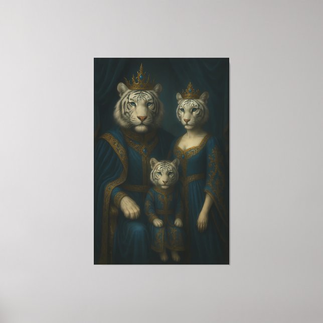 Royal White Tiger Family Portrait – Majestic Blue- Canvas Print (Front)