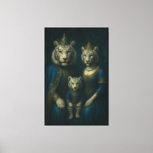 Royal White Tiger Family Portrait – Majestic Blue- Canvas Print