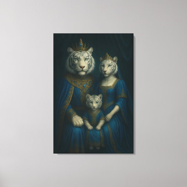 Royal White Tiger Family Portrait – Majestic Blue- Canvas Print (Front)