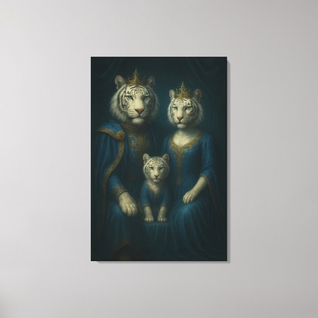 Royal White Tiger Family Portrait – Majestic Blue- Canvas Print (Front)