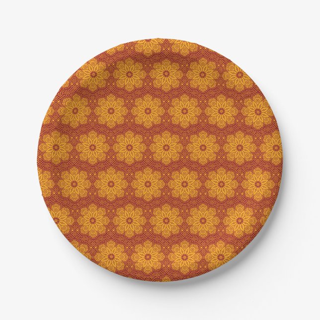 Royal yellow and red mandala pattern paper plate (Front)