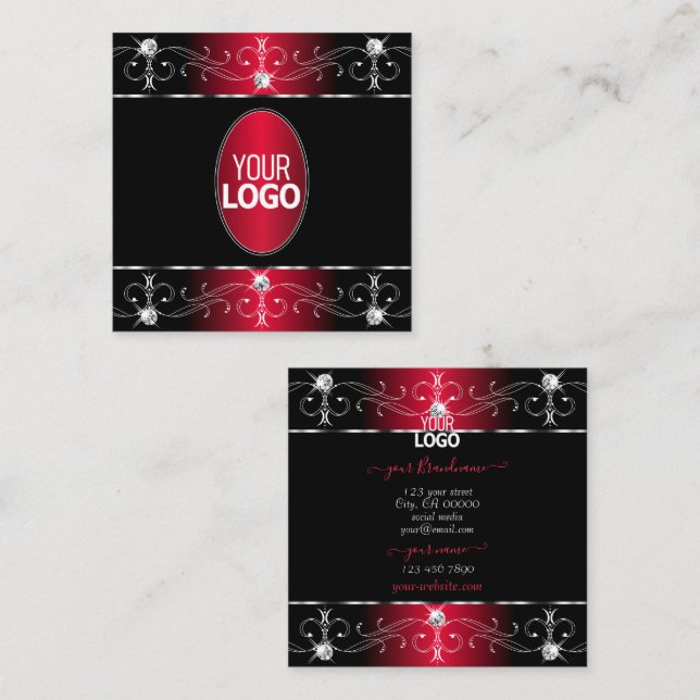 Royally Black Red Ornate Ornaments Jewels Add Logo Square Business Card (Front/Back)