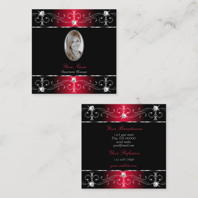 Royally Black Red Ornate Ornaments Jewels Photo Square Business Card (Front/Back)
