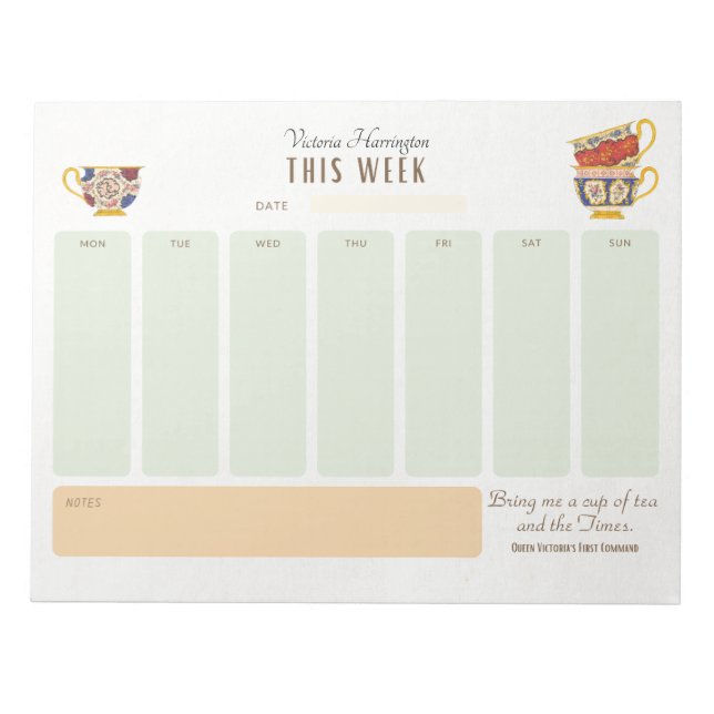 Royalty Tea Lover Personalised Weekly Planner Notepad (Front)
