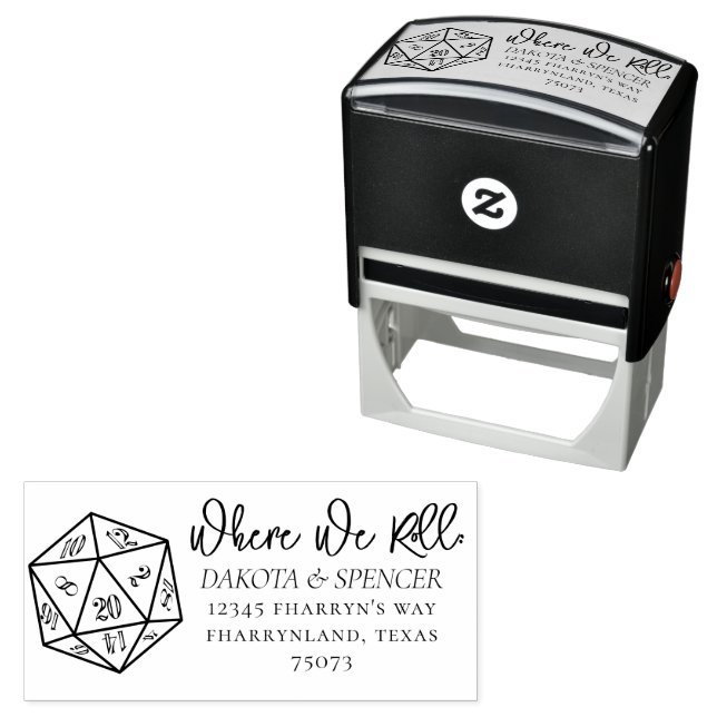 RPG 20-Sided Dice | Classic Where We Roll Address Self-inking Stamp (In Situ)