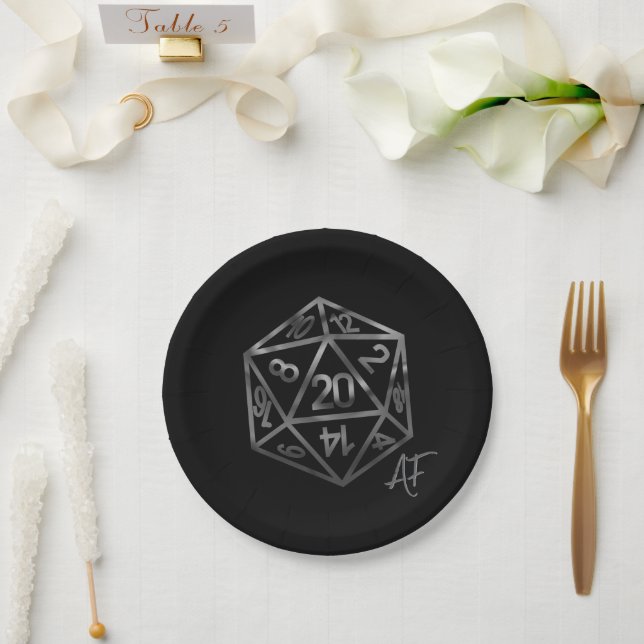 RPG Crit AF | Silver Fantasy Tabletop Gamer Dice Paper Plate (Wedding)