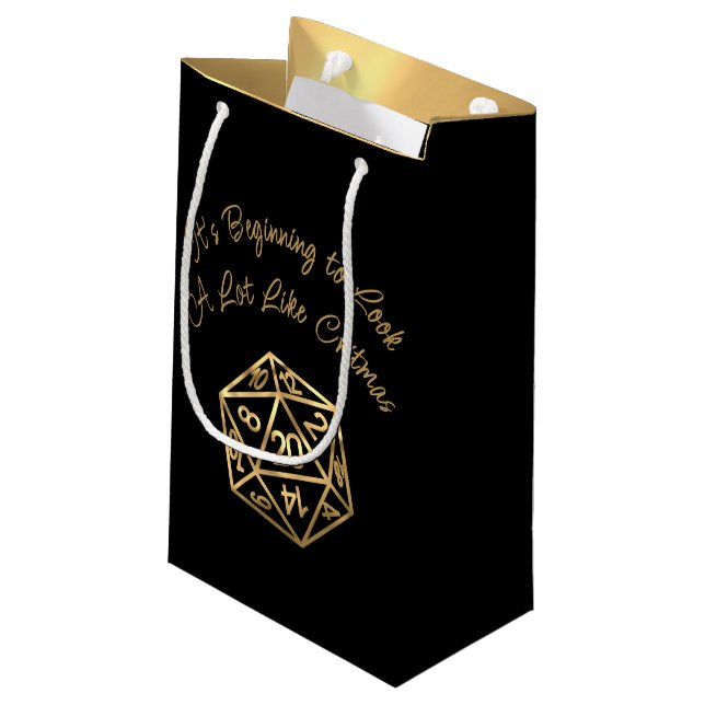 RPG Critmas | Gold Fantasy Tabletop Gamer Dice Small Gift Bag (Back Angled)