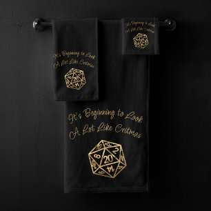 RPG Critmas   Gold Retro Tabletop Roleplayer Dice Bath Towel Set