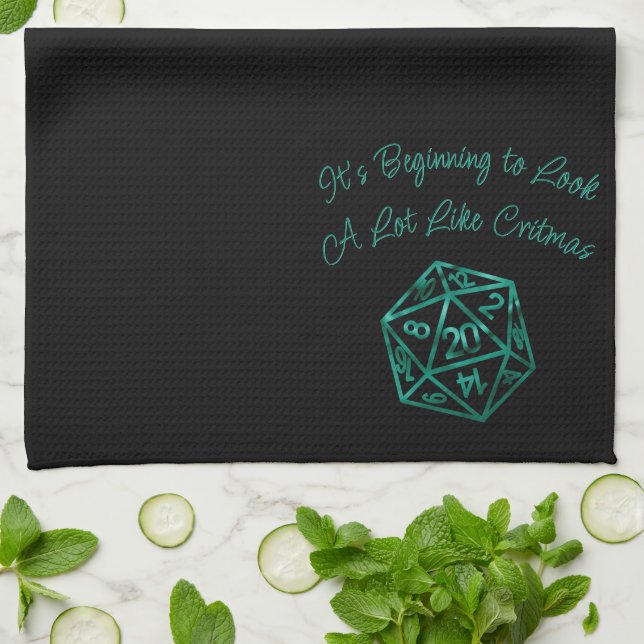 RPG Critmas | Teal Green Tabletop Roleplayer Dice Tea Towel (Folded)