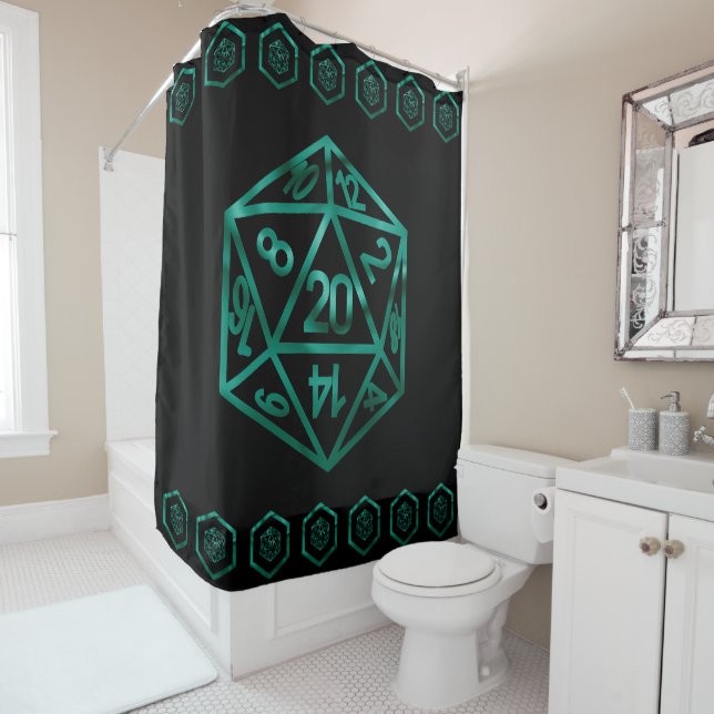RPG Dice | Emerald Green Fantasy Tabletop Gamer Shower Curtain (In Situ)