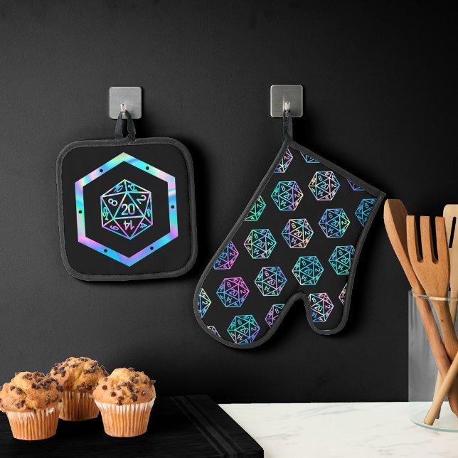 RPG Dice | Holo Fantasy Retro Tabletop PnP Gamer Oven Mitt & Pot Holder Set (Creator Uploaded)