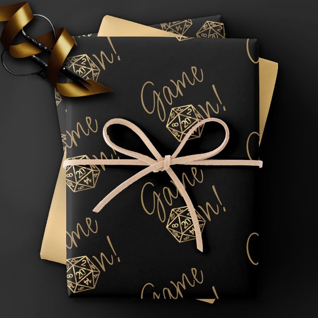 RPG Game On | Gold Retro Tabletop Role Player Dice Wrapping Paper Sheet (Creator Uploaded)