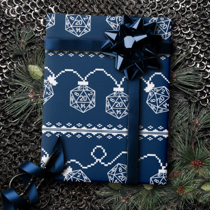 RPG Lights Blue   Retro Classic Navy Gamer Dice Wrapping Paper