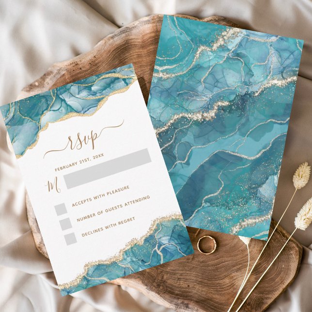 RSVP Agate Turquoise Teal Gold Wedding Invitation (Creator Uploaded)
