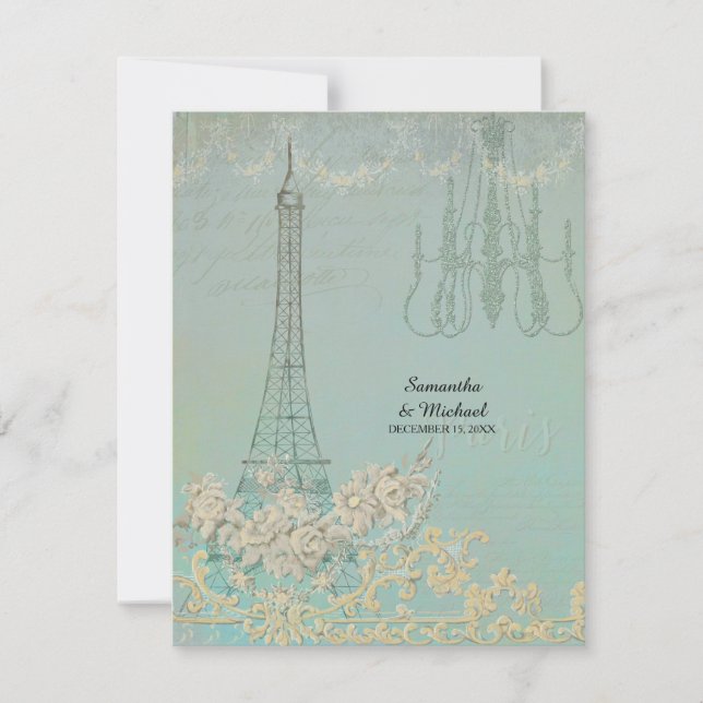 RSVP Aqua Vintage Paris Parisian Stylish Wedding Card (Front)