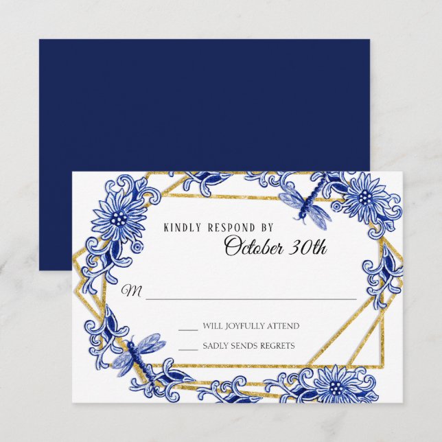 RSVP Asian Influence Navy Blue Floral Chinoiserie Invitation (Front/Back)