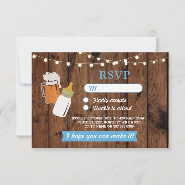RSVP Baby Shower Boy Blue Beer Brewing Wood Invitation (Front)