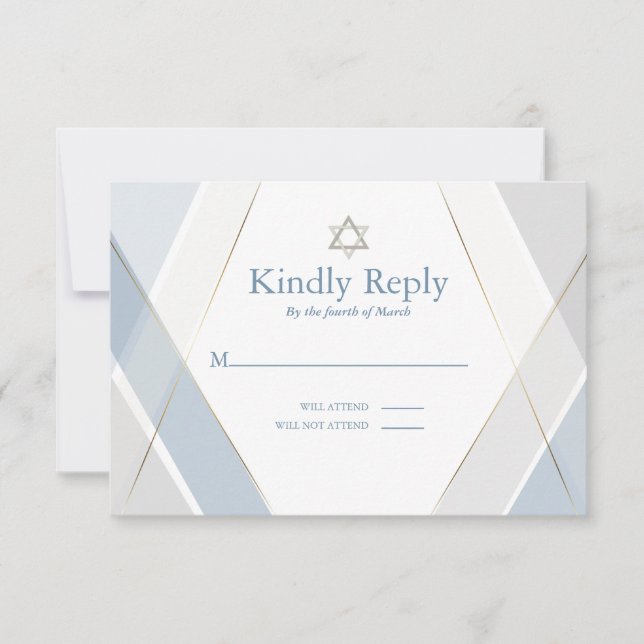 RSVP Bar Mitzvah  Modern Geometric Blue Grey Card (Front)