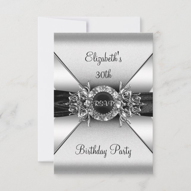 RSVP Birthday Diamond Jewel Black White Silver Invitation (Front)