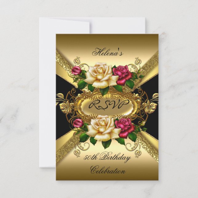 RSVP Birthday Party Roses Red Cream Gold Card (Front)