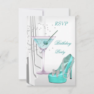 RSVP Birthday Party White Teal Martini Pearl Shoe Invitation