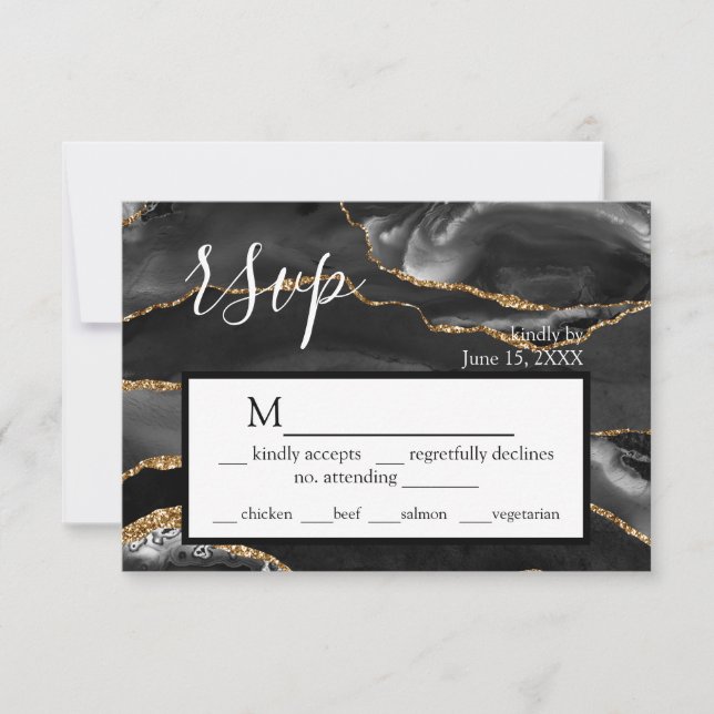 RSVP Black Agate Formal Gold Glitter Response Card (Front)