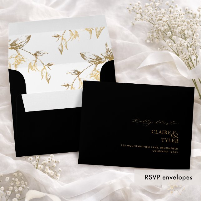 RSVP Black and Gold Modern Formal Floral Envelope (Creator Uploaded)