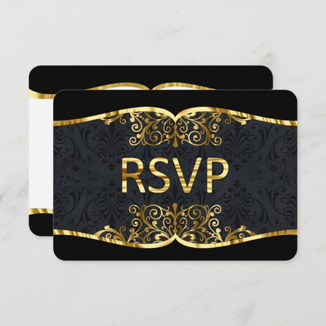 RSVP Black Gold Damask Elegant Wedding Invitation (Front/Back)