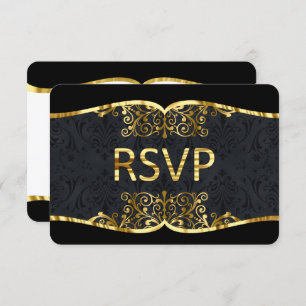 RSVP Black Gold Damask Elegant Wedding Invitation