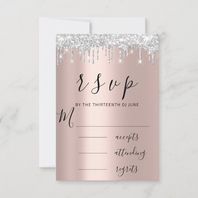 RSVP Black White Rose Silver Drips Wedding Card (Front)