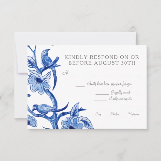 RSVP Blue Chinoiserie Asian Floral Watercolor Card (Front)