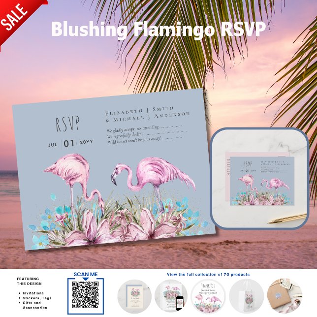 RSVP - Blushing Flamingos Tropical Beach Wedding Postcard (Creator Uploaded)