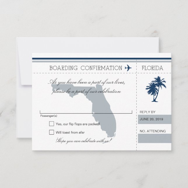 RSVP Boarding Pass TO Florida Blue and Grey Invitation (Front)