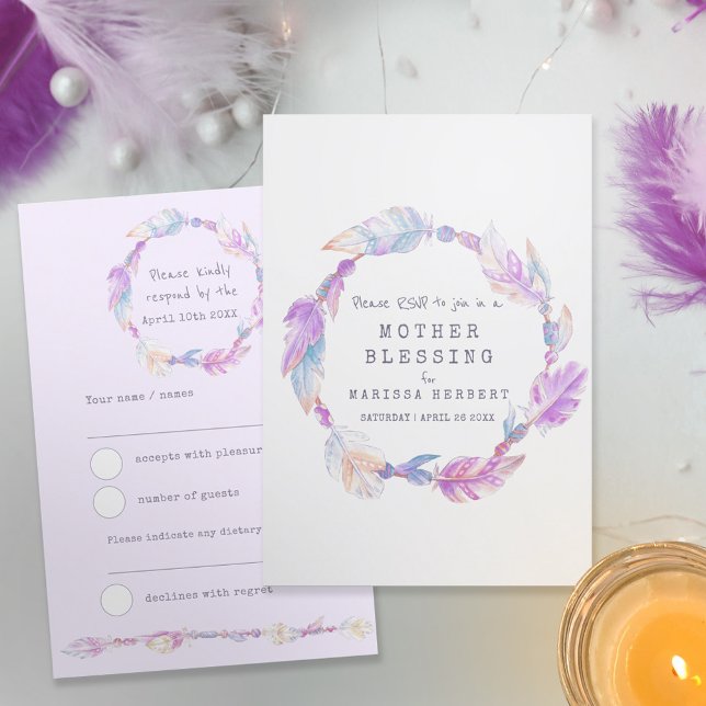 RSVP boho feather purple tribal baby blessing Card (Creator Uploaded)