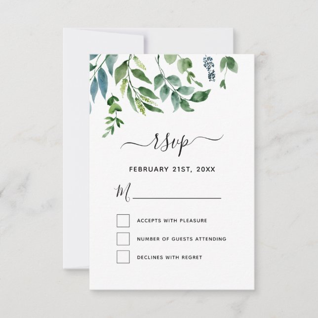 RSVP Botanical Greenery Foliage Watercolor Wedding Invitation (Front)