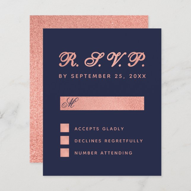 RSVP Budget Navy Blue Rose Gold Wedding Card (Front/Back)
