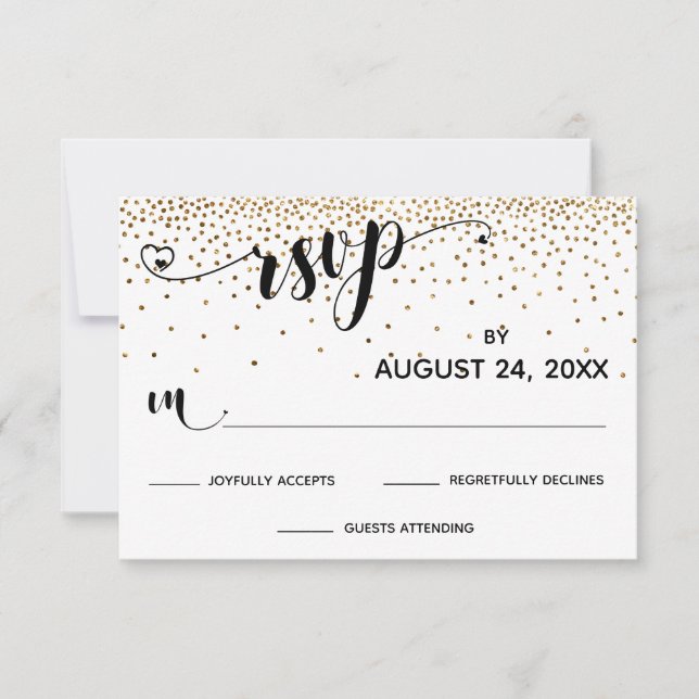 RSVP Calligraphy with Hearts, Gold Confetti, Card (Front)