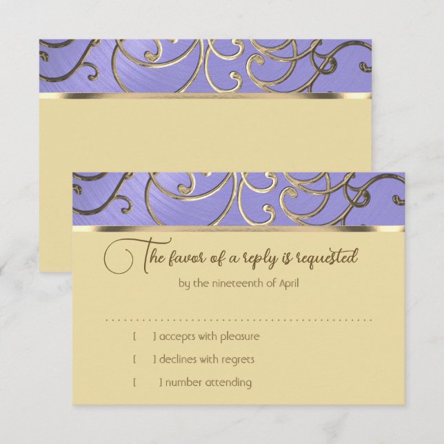 RSVP Card Elegant Lavender Purple Gold Filigree (Front/Back)