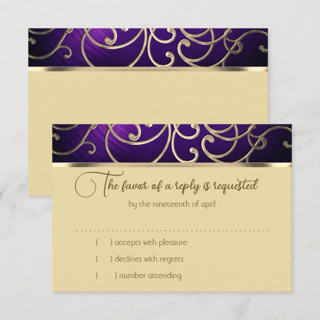 RSVP Card Elegant Purple and Gold Filigree (Front/Back)